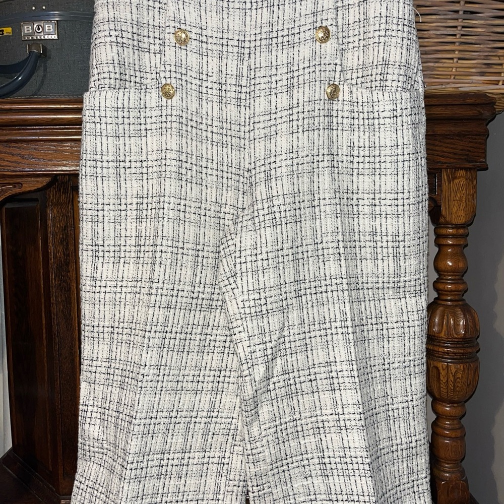 Zara Black and ivory Wide-Leg Tweed Pants with Gold Buttons